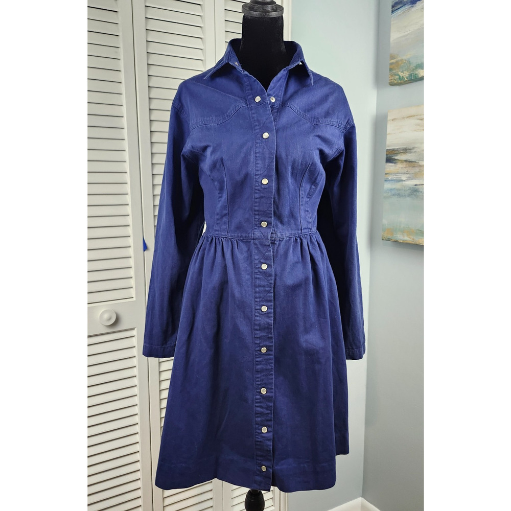 PS Gitano Blue Denim Dress Medium Pearl Snap Coastal Cowgirl Retro VTG 80's